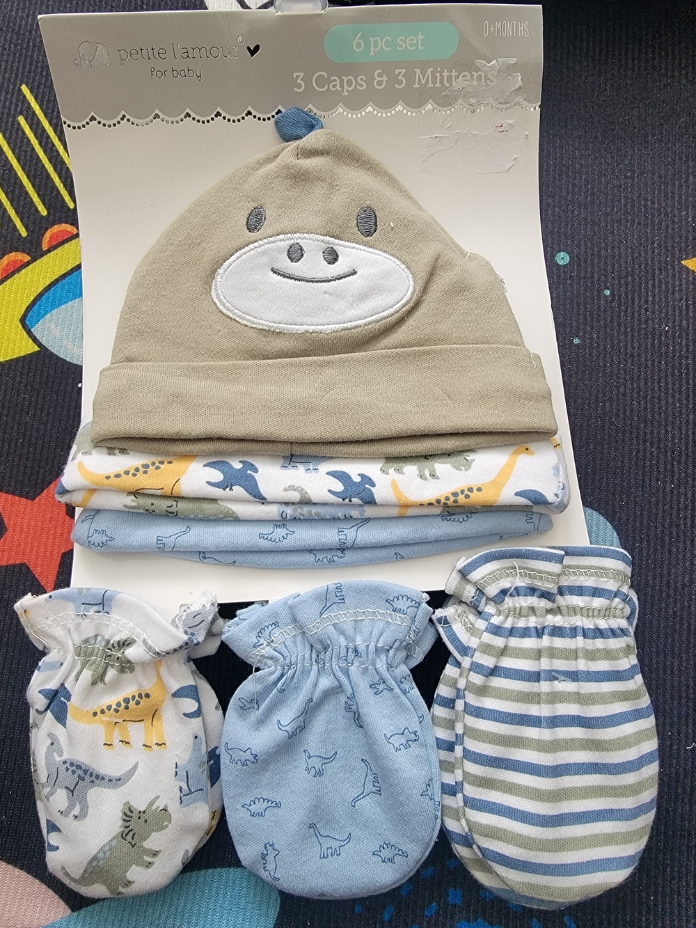 Baby 6-Piece Cap & Mitten Set - Beige, Blue & White Dino Prints